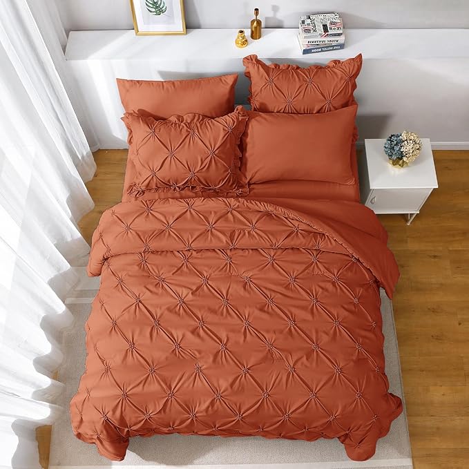 JOLLYVOGUE Burnt Orange Cal King Size Comforter Sets 7 Pieces, Pintuck Bed in a Bag Comforter Set for Bedroom, Bedding Comforter Sets with Comforter, Sheets,Ruffled Shams & Pillowcases