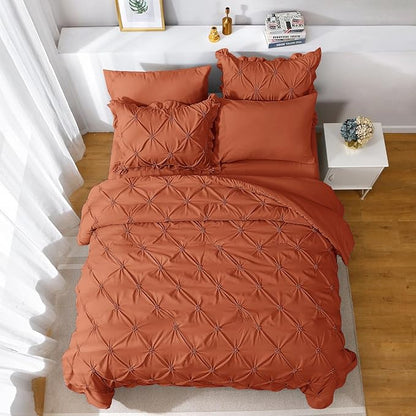 JOLLYVOGUE Burnt Orange Cal King Size Comforter Sets 7 Pieces, Pintuck Bed in a Bag Comforter Set for Bedroom, Bedding Comforter Sets with Comforter, Sheets,Ruffled Shams & Pillowcases