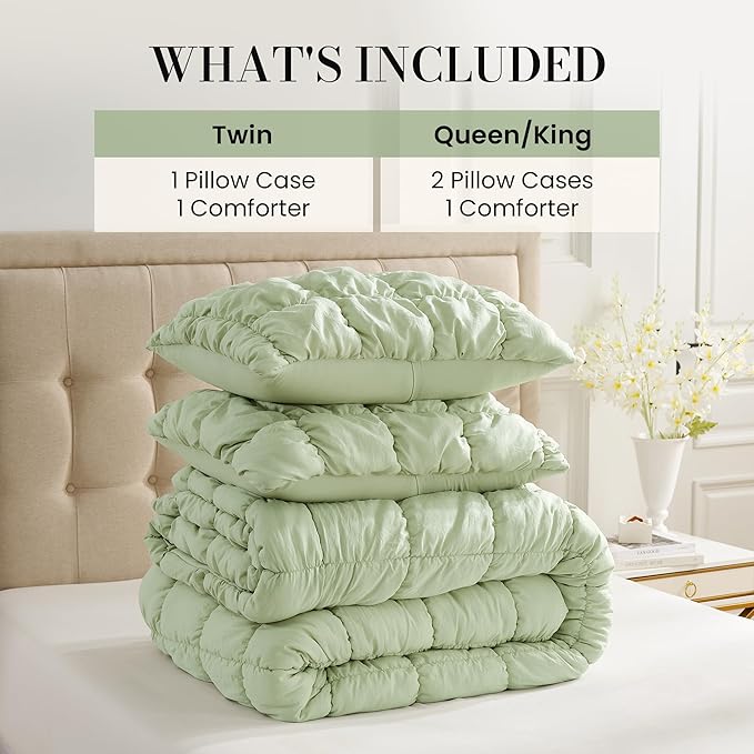 Amélie Home Queen Comforter Set, 3 Pieces Sage Green Bubble Bedding Set for All Season, Ultra Soft Cozy Comforter, Farmhouse Luxury Gift for Women Home Decor