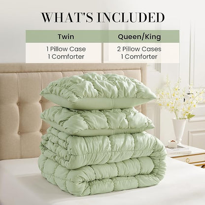 Amélie Home Queen Comforter Set, 3 Pieces Sage Green Bubble Bedding Set for All Season, Ultra Soft Cozy Comforter, Farmhouse Luxury Gift for Women Home Decor