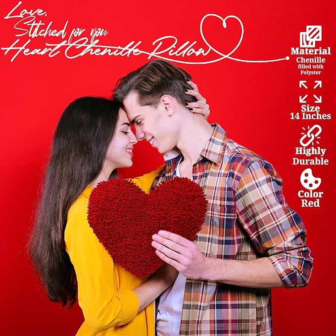 Fun Express Heart Shaped Pillow 14 Inch - Soft Chenille Throw Pillows for Valentine's Day Decor | Decorative Pillows for Bed, Couch & Living Room | Cute Room Decor Gift for Girls & Home