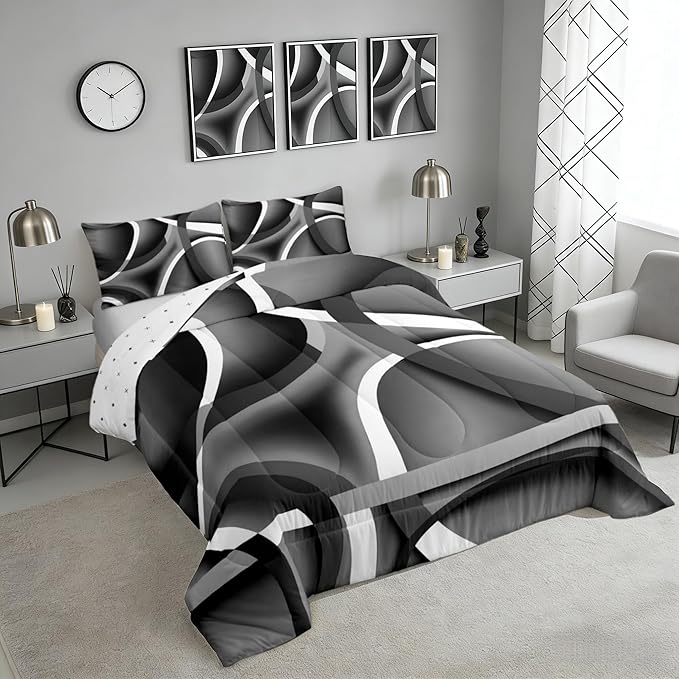 Castle Fairy Black Gray Abstract Stripes Full Size Comforter Set Geometric Circle Bedding Set for Kids Adults Teens Modern Retro Comforter Luxury Geometric Quilt Set Room Decor 3Pcs