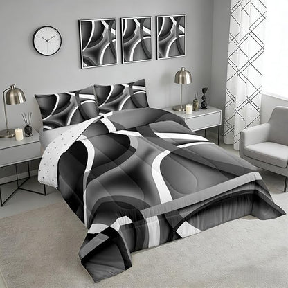 Castle Fairy Black Gray Abstract Stripes Full Size Comforter Set Geometric Circle Bedding Set for Kids Adults Teens Modern Retro Comforter Luxury Geometric Quilt Set Room Decor 3Pcs