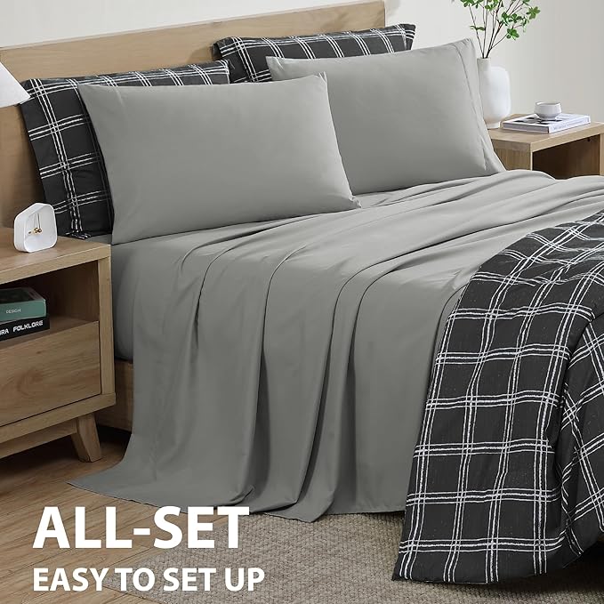 Cathay Home Basic Bedding Home Essential Ultra Soft Lightweight 7PC Wrinkle Resistant Microfiber Bed in a Bag Set (Includes Complete Sheet Set & Comforter Set) - Black Plaid, Queen