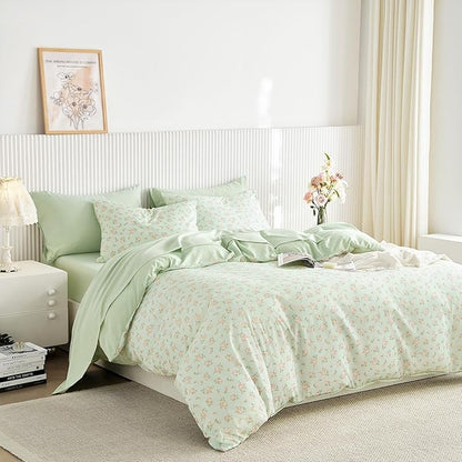 Wake In Cloud - Floral Comforter Set with Sheets, Coquette Cottagecore Aesthetic Flower Shabby Chic Pattern for Women Teen Girls, 7 Pieces Bed in a Bag, Green Pink, Full Size