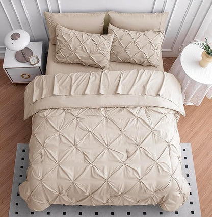 LANE LINEN Twin Comforter Set - 5 Piece - Classic Pintuck Stitch Design Bedding - with 1 Comforter, 1 Pillowcase 1 Shams, 1 Flat & One 14" Fitted Sheet - Lightweight Bedding for Year-Round Use – Beige | Ultra-soft comfort, Everyday soft touch, Durable ...