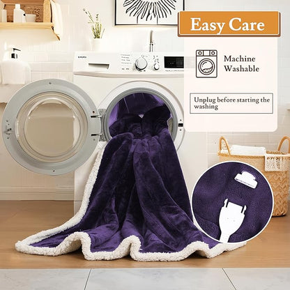 Electric Heated Blanket 50"x60" Throw Size Flannel & Sherpa - 4 Heat Settings & 3H Auto Shut Off, Fast Heating, Machine Washable for Bed, Couch, Office - Purple