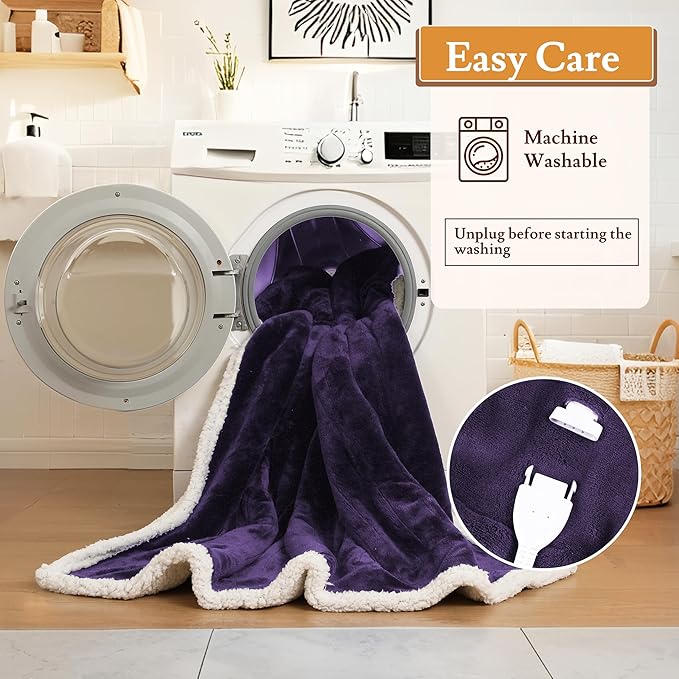 Electric Heated Blanket 72"x84" Full Size Flannel & Sherpa - 4 Heat Settings & 10H Auto Shut Off for Safe Overnight Use, Fast Heating, Machine Washable for Bed, Couch, Office - Purple