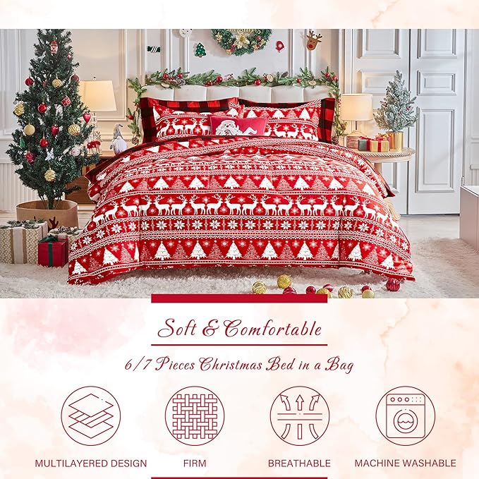 Christmas Red Bed in a Bag 7 Pcs King Size, Elk Deer Xmas Tree and Snowflake Pattern Bedding Comforter Set Warm for Winter(1 Comforter, 1 Flat Sheet, 1 Fitted Sheet, 2 Pillow Shams, 2 Pillowcases)