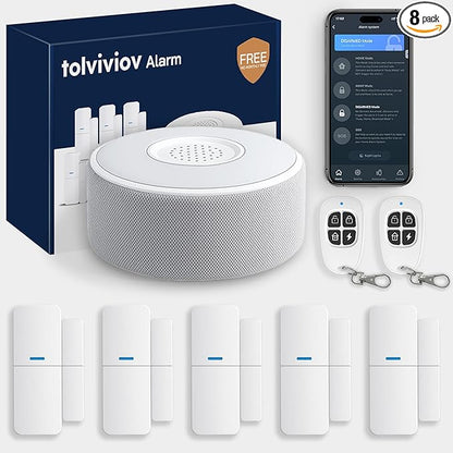 tolviviov WiFi Smart Door/Window Alarm System 8-Piece Kit – App Alerts, Compatible with Alexa, No Monthly Fee, Expandable DIY Wireless Home Security, 1 Siren, 5 Sensors & 2 Remotes (8 Pack)