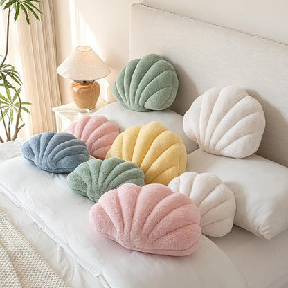 Shell Pillow, Seashell Throw Pillow with Soft Rabbit Plush for Couch Bed, Shell Shaped Decorative Ocean Pillow Stylish Beach Cushion Room Aesthetic Home Decor