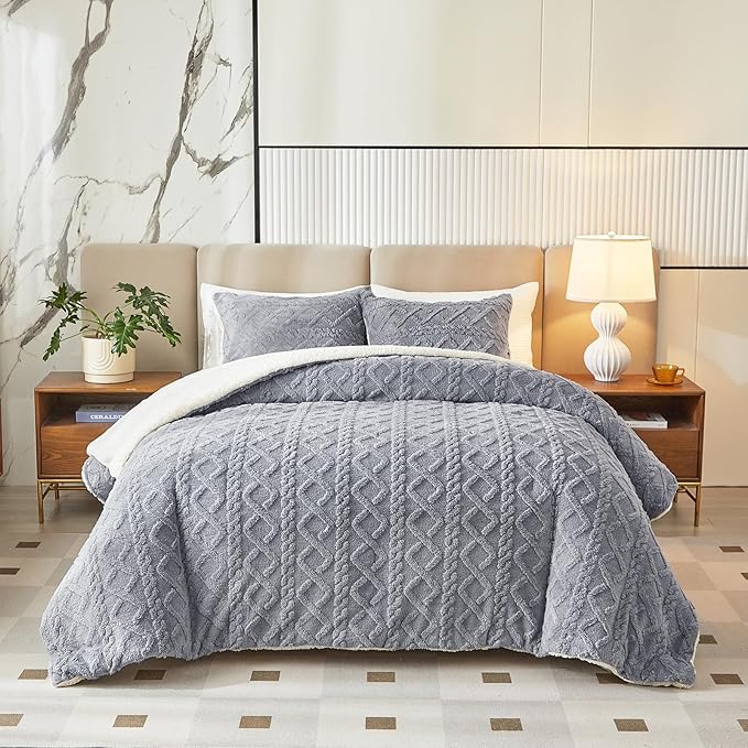 Joyreap 3-Piece Fluffy Faux Fur Sherpa Comforter Set Light Gray, Twin Size Luxury Tufted Bedding Comforter Set, All Season Soft n Cozy Plush Comforter Bed Set- 68x86 inches