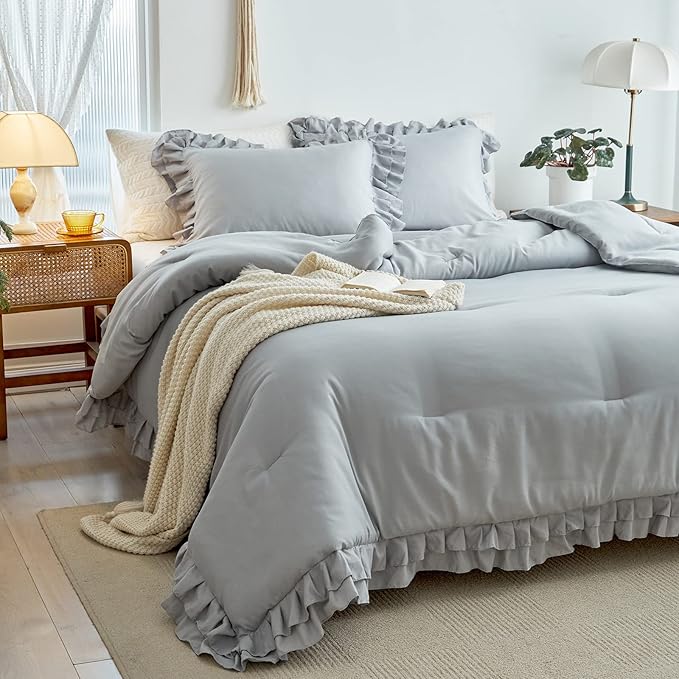 Grey Ruffle Comforter Set Full/Queen Size, 3 Pieces (1 Ruffled Comforter and 2 Pillowcases) Farmhouse Shabby Chic Style with 2 Layers Ruffle, Solid Color Lightweight Fluffy Bedding Sets for All Season