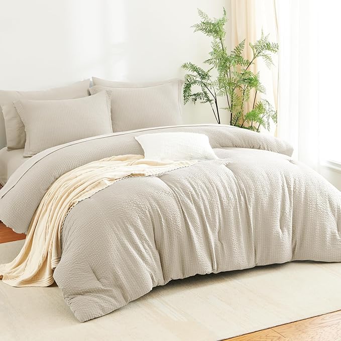 CozyLux Twin XL Comforter Set Beige - 5 Pieces Striped Seersucker Twin Extra Long Bed in a Bag for College Dorm, Soft Lightweight Boho Bedding Set with All Season Comforter, Sheets, Pillowcase & Sham