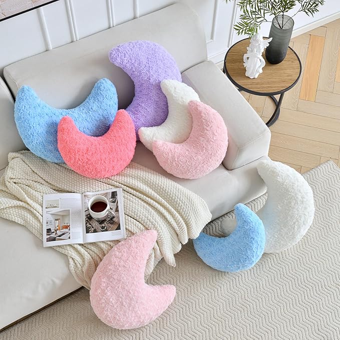 Moon Pillow, Moon Shaped Pillow with Soft Faux Fur for Couch Bed Sofa, Cute Half Moon Pillows with Room Decor for Bedroom Living Room (19 Inches, Blue)