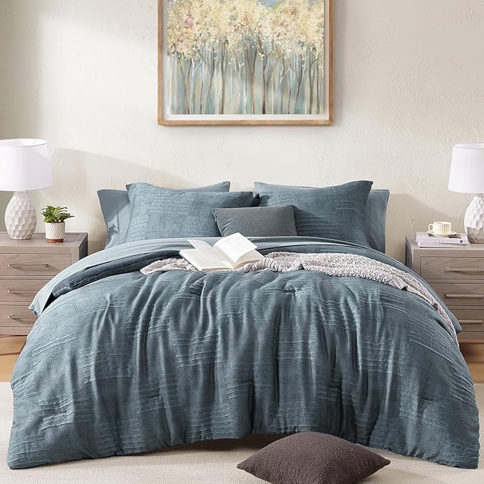 MaiRêve Queen Comforter Set Dusty Blue, Textured Design Crinkle Bedding Sets 7 Pieces, All Season Bed in A Bag with Comforter, Sheets, Pillowcases & Shams