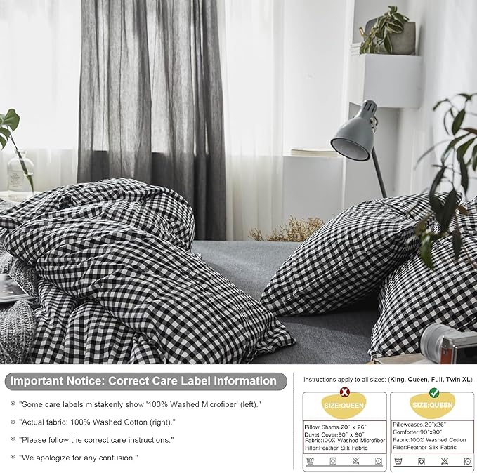 mixinni Black Gingham Comforter Set Queen, Plaid Comforter Set 3 Pieces 1 Black Grid Comfoter with 2 Pillow Cases for All Seasons, Soft Fluffy Modern Grid Pattern Printed Bedding-Queen Size