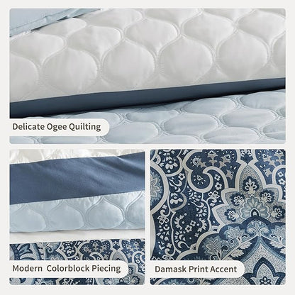 510 DESIGN Luxe Quilted Comforter Set Modern Transitional Design, All Season Down Alternative Warm Bedding Matching Shams, Bedskirt, Decorative Pillow, King, Shawnee Scrollwork Blue