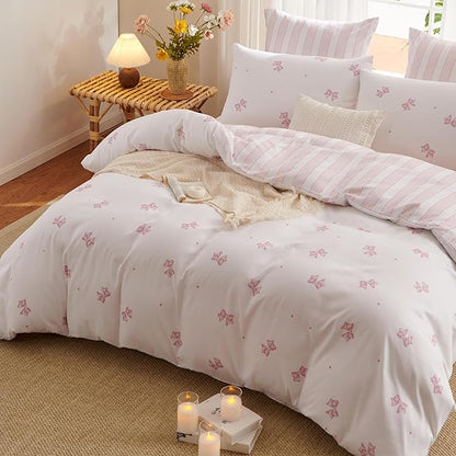 White Twin Comforter Set - Pink Bow Quilt Bedding Set 2 Pieces, Stripes Comforter Set Twin Size, Soft & Lightweight Comforter(68‘’ x 90‘’) for Girl All Season & 1 Pillowcase(30‘’x20‘’)