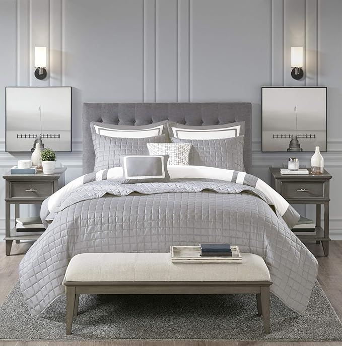 Madison Park Heritage Comforter Quilt Combo Set - Modern Luxury Design, All Season Down Alternative Bedding, Matching Shams, Decorative Pillows, Full/Queen(90"x90"), Color Block Grey 8 Piece