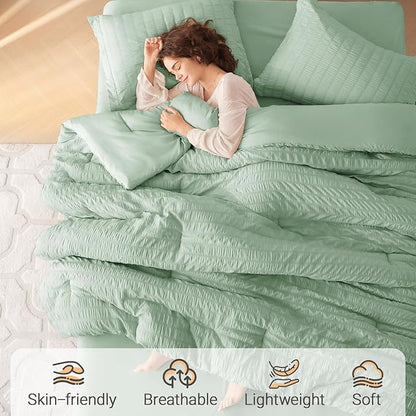 MUXHOMO 7 Pieces King Comforter Set, Seersucker Bed in a Bag King Size, All Season Luxury Bedding Set with Comforter, Flat Sheet, Fitted Sheet, Pillowcases & Shams, Sage Green