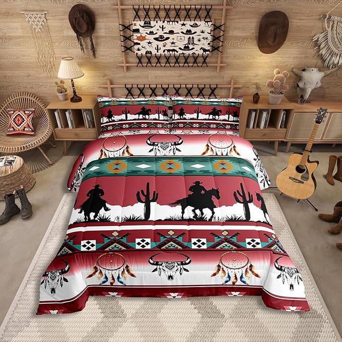 Erosebridal Twin Size Western Bedding Set Longhorn Skull Dream Catcher Boho Comforter Set for Kids Boys Teens Adult Bedroom, Cowboy Horse Western Duvet Insert Southwestern Geometric Quilt, Red