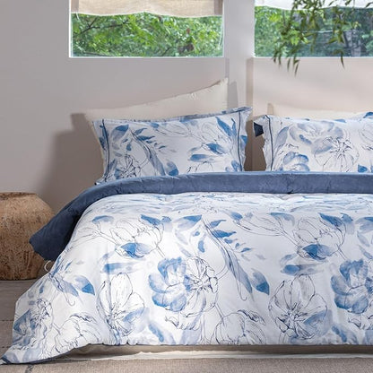 Cotton Comforter Queen Size Set – Blue Watercolor Floral Bedding, Soft & Breathable, All-Season Down-Alternative Filling, 1 Comforter & 2 Pillow Shams
