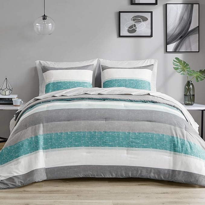 Madison Park Essentials King Comforter Set, Bed in A Bag Comforter & Sheet Set, Modern Casual Stripes Print, All Seasons, Soft Microfiber Bedding Makeover, Matching Shams, King Aqua/Grey 7 Piece