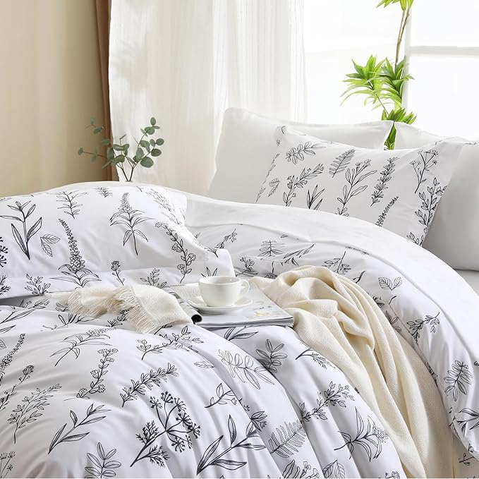 MUXHOMO White King Comforter Set, Elegant Floral Print Bed in a Bag 7 Pieces, Ultra Soft & Breathable Reversible Botanical Pattern Bedding Set with Comforter, Sheets, Pillowcases, and Shams