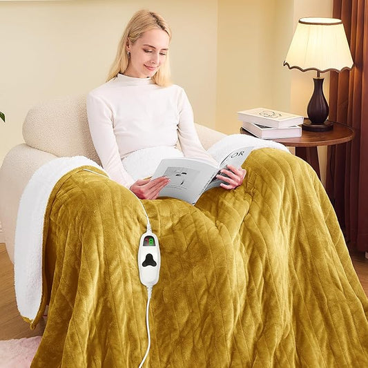 greenoak Heated Blanket Electric Full 72"X84", Heating Blankets with 10 Heat Levels 8 Hours Auto-Off, Soft Flannel Sherpa Fluffy House Warming Gifts for Grandma Seniors Mom,Brownish Yellow