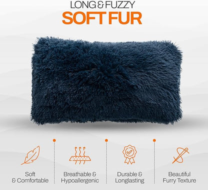 Cheer Collection Throw Pillows for Couch and Bed, Soft Shaggy Throw Pillows with Inserts Included, Cozy Long Hair Faux Fur Pillows - Set of 2-12" x 20" - Navy Blue