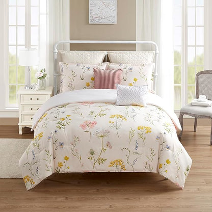 Queen Comforter Set 7 Piece Ultra Soft Fashion Printed Bedding Sets with Shams, Decorative Throw Pillows, and Pillowcases, Queen, Mazie Flowers