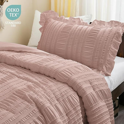 WONGS BEDDING Comforter Full Size, Pink Ruffle Comforter for Full Bed for Dorm Room Essentials, Soft Seersucker Textured Bedding Set Full Size Comforter Sets for Girls 90"×78"