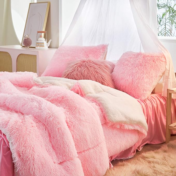 Joyreap 3-Piece Plush Shaggy Comforter Set, Full/Queen Size Luxury Faux Fur Sherpa Reversible Bedding Comforter Set, Ultra Cozy Warm Fluffy Bedding Set for Winter (Pink, 88x88 inches)