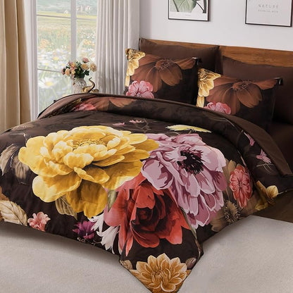 WONGS BEDDING 7 Pieces Comforter Set Queen Size, Floral Botanical Bed in a Bag Brown Flower Bedding Set, Soft Microfiber for All Season with Pillowcases & Shams,Sheets(90"×90")