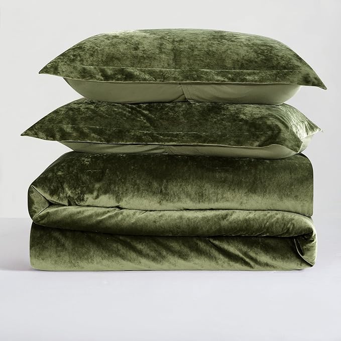 Luxury Velvet Queen Comforter Set, 3 Pieces Reversible Comforters Queen Size with 2 Pillow Shams, Brushed Solid Microfiber Back, All Season Cozy, Soft, Warm, Lightweight (Olive Green, 90x90 Inch)