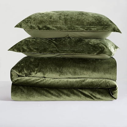Luxury Velvet Queen Comforter Set, 3 Pieces Reversible Comforters Queen Size with 2 Pillow Shams, Brushed Solid Microfiber Back, All Season Cozy, Soft, Warm, Lightweight (Olive Green, 90x90 Inch)