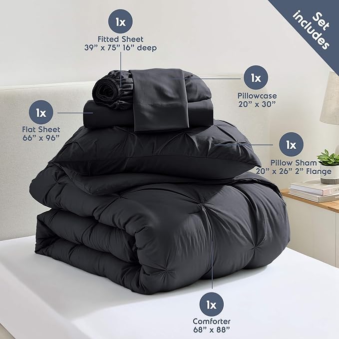 Nestl Twin Comforter Set 5 Piece - Pintuck Twin Bedding Sets Black, College Dorm Room Essentials for Girls and Boys Bed in a Bag Twin All Season, Twin Comforter Set with Sheets, Pillowcase and Sham