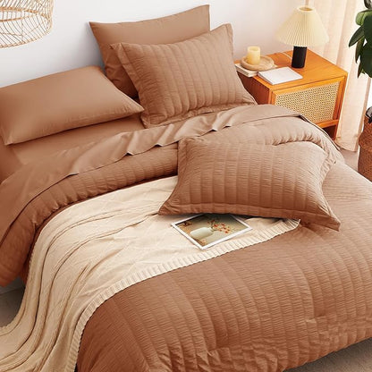 CozyLux King Size Comforter Set Pumpkin Seersucker 7 Pieces Bed in a Bag King Comforter Set with Sheets, Luxury Bedding Set with Down Alternative Comforter, Sheets, Pillowcases & Shams All Seasons