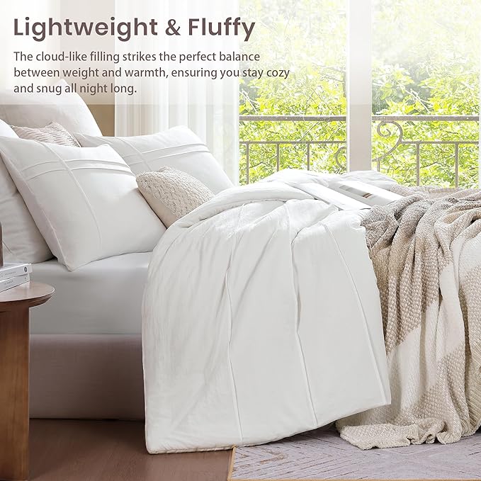 Boho King Size Comforter Set, White Pinch Pleat King Size Bed Set, 3 Piece Bedding Set, Warm Fluffy King Bed Set(White,102"*90")