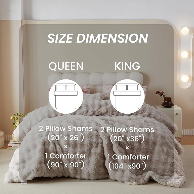 Simple&Opulence Fluffy Faux Fur Comforter Set, Plush Fuzzy Minky Bedding Set, 3 Pieces Warm Soft Comforter Bedding Set for Winter - 1 Shaggy Comforter with 2 Pillow Shams(Queen, Oatmeal)
