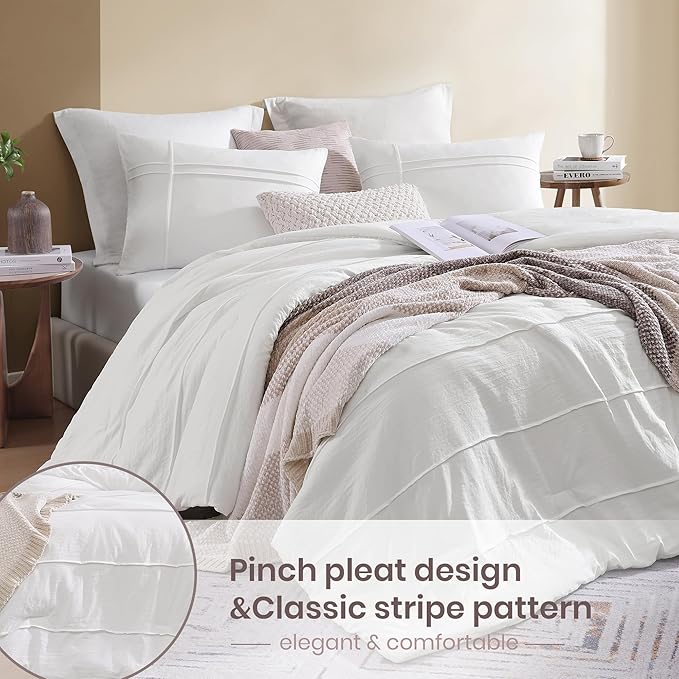 Boho King Size Comforter Set, White Pinch Pleat King Size Bed Set, 3 Piece Bedding Set, Warm Fluffy King Bed Set(White,102"*90")