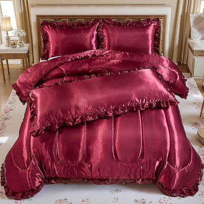 Silk Like Queen Comforter Satin Bedding 4 Pcs Hotel Soft Polyester Burgundy Bed Set Luxury Silky Body Pillow Cover Ruffle Home Decor