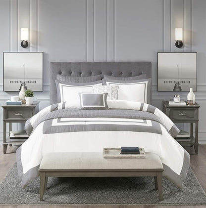 Madison Park Heritage Comforter Quilt Combo Set - Modern Luxury Design, All Season Down Alternative Bedding, Matching Shams, Decorative Pillows, King/Cal King(104"x92"), Color Block Grey 8 Piece