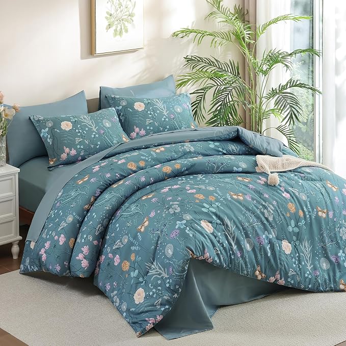 Yiran King Size Comforter Set, 7 Pieces Mineral Blue Floral Soft Bedding Sets, King Bed in a Bag Botanical Flowers All Season Comforter, Sheets, Pillowcases & Shams