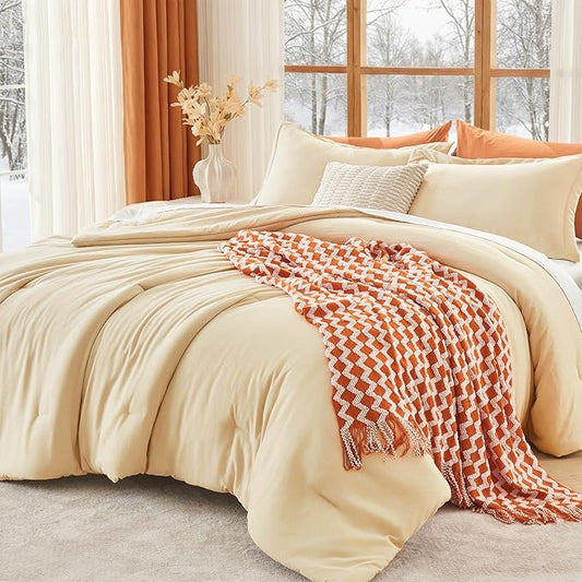 MUXHOMO Full Comforter Sets, All Season Ultra Soft Down Alternative Bedding - 3 Piece Lightweight Bed Set Includes 1 Comforter (82"x86") and 2 Pillow Shams (20"x26"), Light Yellow