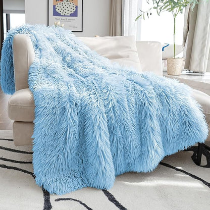 JONIYEAR Extra Large Decorative Fluffy Faux Fur Blanket Full Size 71" x 80", Soft Luxury Lightweight Furry Blankets, Accent Cozy Shaggy Plush Fuzzy Blankets for Bed, Thick Warm Winter Blanket, Blue