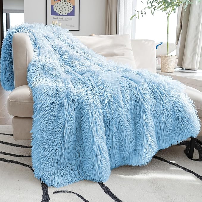 JONIYEAR Oversized Decorative Fluffy Faux Fur Throw Blanket Twin Size 60" x 71",Soft Large Luxury Lightweight Furry Blanket,Accent Cozy Shaggy Plush Thick Warm Fuzzy Blankets for Winter Bed Couch,Blue