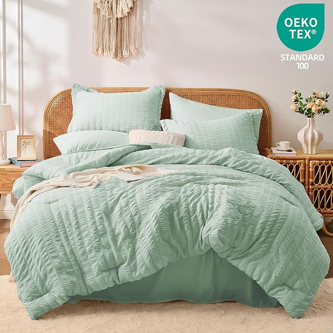 FUANNA Queen Comforter Set 7 Pieces, Luxury Seersucker Bed in a Bag Queen Size for All Seasons, Soft Bedding Set with Comforter, Flat Sheet, Fitted Sheet, Pillowcases & Shams for Bedroom, Sage Green