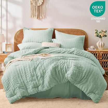 FUANNA Queen Comforter Set 7 Pieces, Luxury Seersucker Bed in a Bag Queen Size for All Seasons, Soft Bedding Set with Comforter, Flat Sheet, Fitted Sheet, Pillowcases & Shams for Bedroom, Sage Green